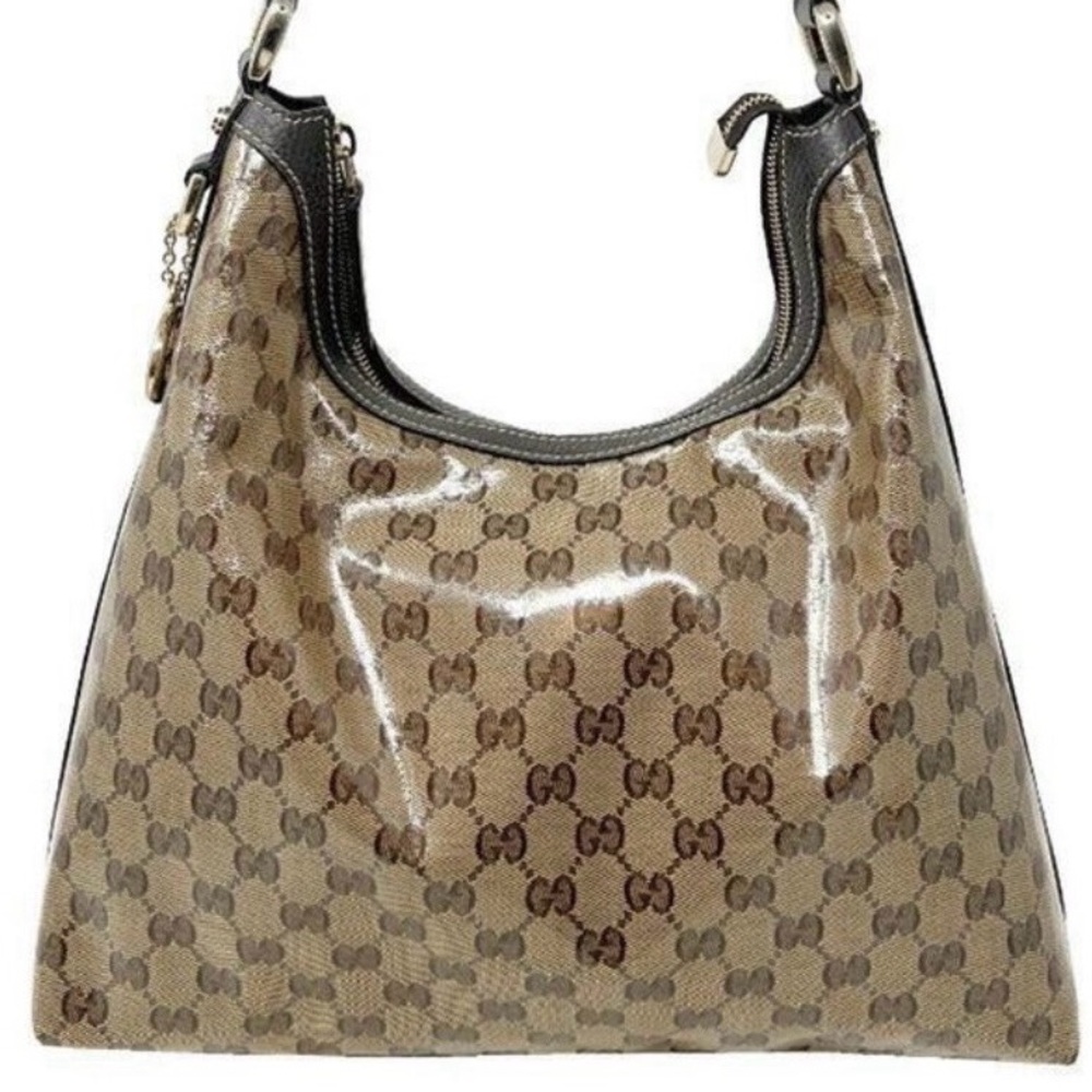 Gucci Brown Monogram Coated Canvas Shoulder Bag with Black Trim